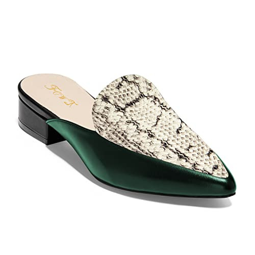 FOWT V-Shaped Snakeskin Embossed Backless Mules Women Pointed Toe Low Chunky Heel Sandals Ladies Slip on Side Unisex Shoes for Office Dress Party 8.5 US Size Green | Amazon (US)