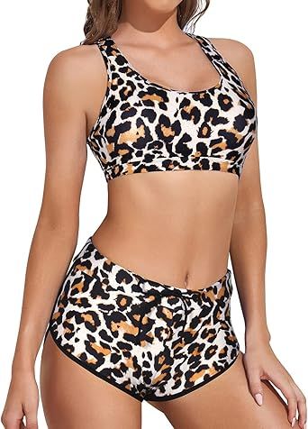 Tempt Me Women Two Piece Sports Bikini Athletic Swimsuits Sporty Racerback Crop Top with Shorts B... | Amazon (US)