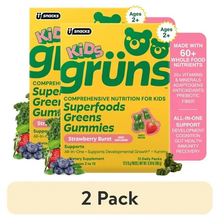 (2 pack) Grüns Kids Superfood Greens Gummies, Made with 60 Organic Ingredients, 20+ Vitamins & Minerals, Prebiotics, Adapotgens, Spirulina & Chlorella, Ages 2+, 12 Servings | Walmart (US)
