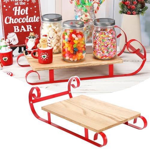 Sunnychicc Christmas Sleigh Hot Chocolate Bar Decor Red Christmas Hot Cocoa Wood Tray Holder Box Decorative Farmhouse Coffee Station Organizer for Xmas Home Office Kitchen Winter Gift Holiday Party | Amazon (US)