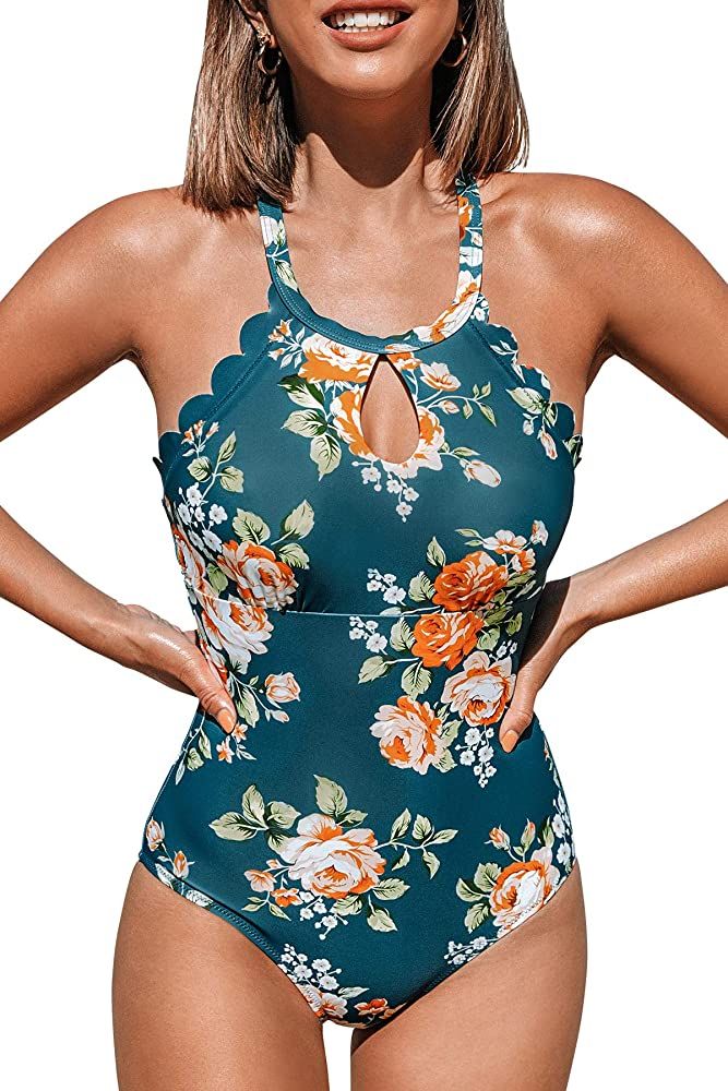 CUPSHE Women's One Piece Swimsuit Floral Print High Neck Scallop Bathing Suit | Amazon (US)