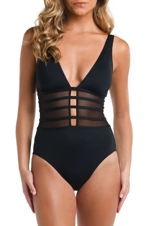 La Blanca Strappy Mesh Inset One-Piece Swimsuit in Black at Nordstrom, Size 4 | Nordstrom