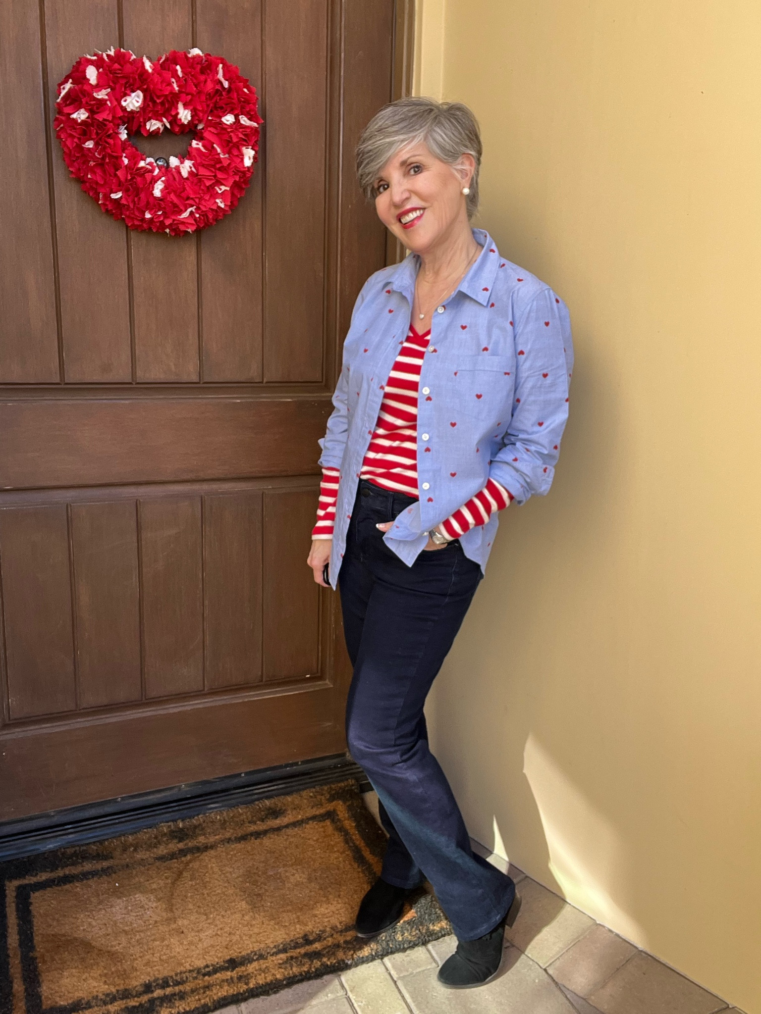 Terrific Valentine’s Day shirt from j crew factory (M)/, NYDJ bootcut jeans (6)/ red striped tee (S)/black booties (8)

#LTKstyletip #LTKSeasonal #LTKunder50