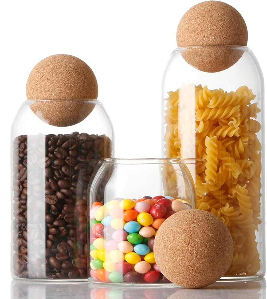 NUTRIUPS Storage Glass Jar with Ball Cork Lid, 3Pcs Glass Canisters with Cork Ball, Cute Decorati... | Amazon (US)