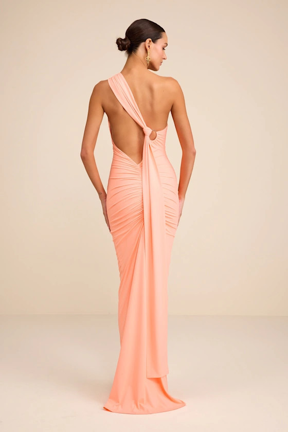 Cressida Peach Slinky Knit One-Shoulder Mermaid Maxi Dress | Lulus