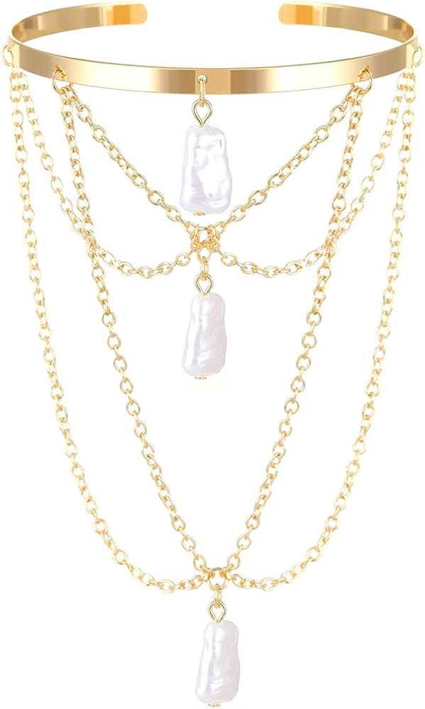 Gold Silver Plated Arm Cuff Upper Arm Minimalist Layered Tassel Imitation Rhinestone Pearl Arm Bracelet Arm Cuff Bangle Armband for Women Jewelry | Amazon (US)