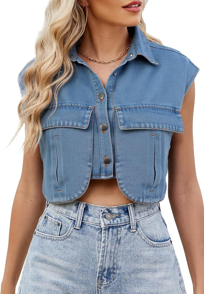 FEOYA Women's Denim Vest Fashion Sleeveless Vests Casual Cropped Waistcoat with Large Pockets S-L | Amazon (US)