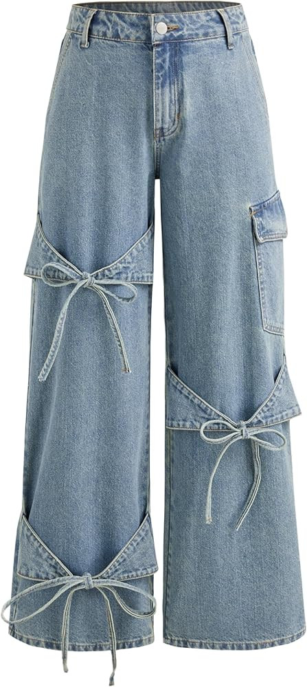 CIDER Baggy Jeans for Women High Waisted Wide Straight Leg Bow Jeans Denim Pants | Amazon (US)