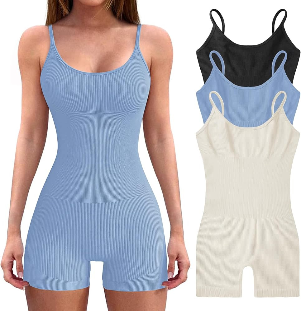 3pcs Women’s Bodysuit Yoga Workout Romper One Piece Outfits Ribbed Sleeveless Going Out Bodycon... | Amazon (US)