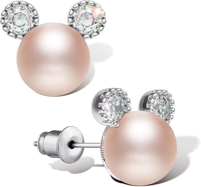 Pearl Stud Earrings for Women, 7 mm CZ Cute Mouse Stainless Steel Earrings (purple) | Amazon (US)