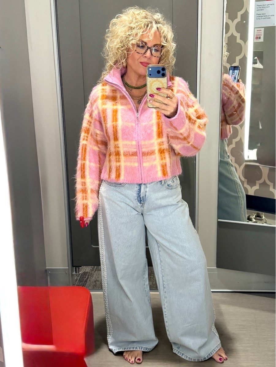 Went in to Target for a birthday card and soap but came out with this cute outfit that will be so good on our Colorado trip! 

Ultra wide leg jeans with fun lace on the seams and I’m obsessed with the plaid cardigan! 

#LTKMidsize #LTKTravel #LTKOver40