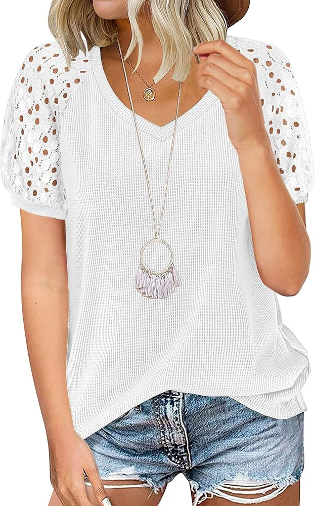 MIHOLL Women's Lace Short Sleeve V Neck Shirts Loose Casual Tops Tee Shirt | Amazon (US)