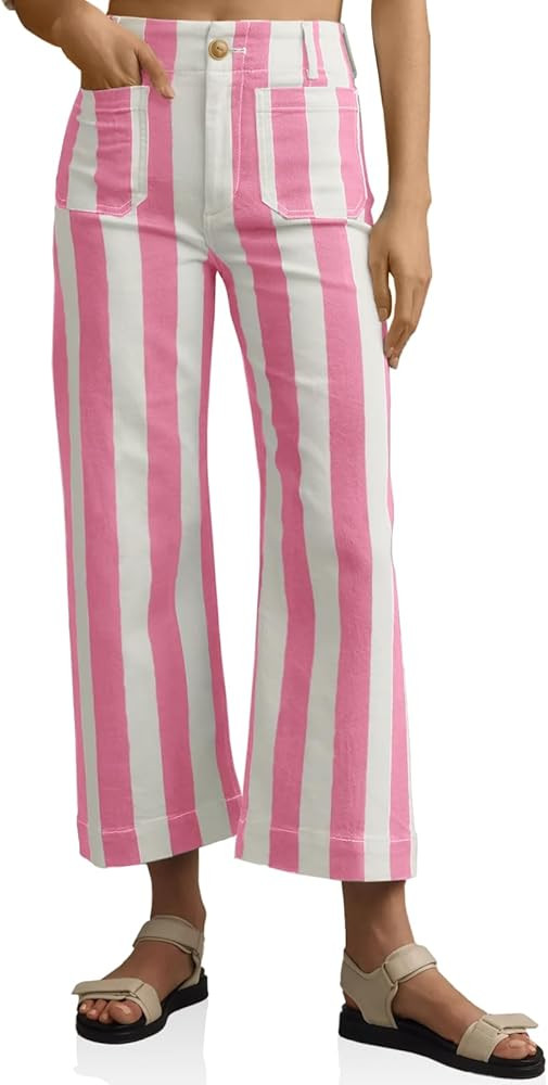 Tankaneo Womens Cropped Striped Jeans Casual High Waisted Stretchy Straight Leg Denim Pants with ... | Amazon (US)