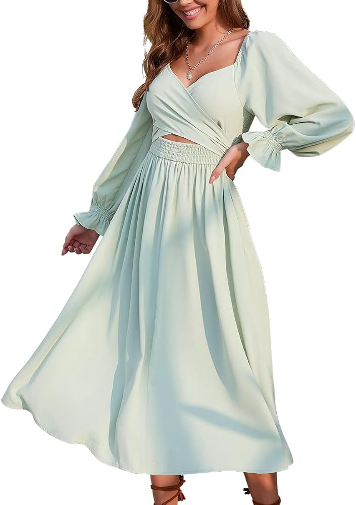Women Tie Back Long Puff Sleeve Dress Sage Ruffle Wrap Reversible Flowy Casual Midi Dress with Po... | Amazon (US)