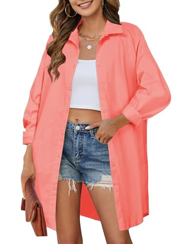 HOTOUCH Pink Button Down Shirt Women Office Boyfriend Long Sleeve Blouse Drop Shoulder Dress Shirts Tops Coral Pink M | Amazon (US)