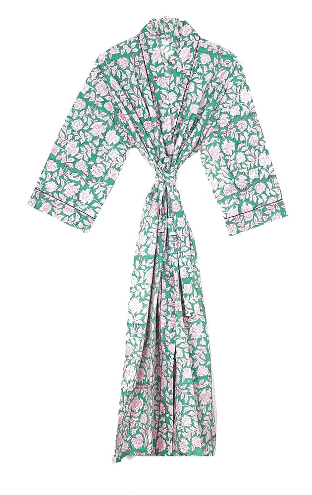 Cotton Hand Block Print Kimono Robes for Women, Long Length Floral Print Nightgown, Bikani cover-... | Amazon (US)