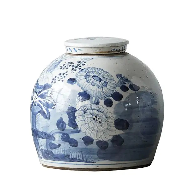 Blue Lotus Flower Porcelain Jar | Antique Farm House