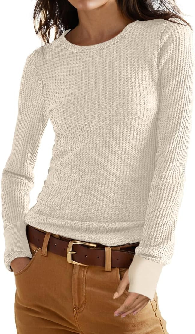 GRECERELLE Waffle Knit Long Sleeve Shirts for Women Crew Neck Slim Fitted Going Out Tops Y2k Outf... | Amazon (US)