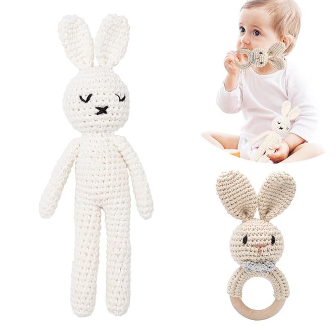 2PC Wooden Baby Bunny Rattle & Crochet Doll Plush Stuffed Rabbit Animals Toy for Newborn Baby 18 ... | Amazon (US)
