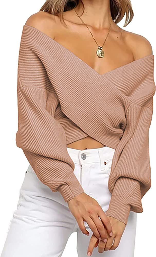 BTFBM Women Casual V Neck Long Sleeve Sweaters Cross Wrap Front Off Shoulder Asymmetric Hem Knitted  | Amazon (US)