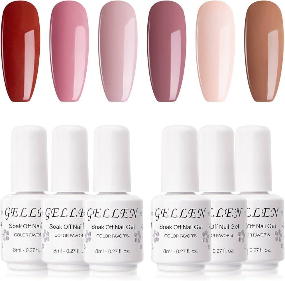 Gellen Gel Nail Polish Kit - 6 Colors Pink Nudes, Natural Shades Brown Peach Warm Tones Nail Gel ... | Amazon (US)