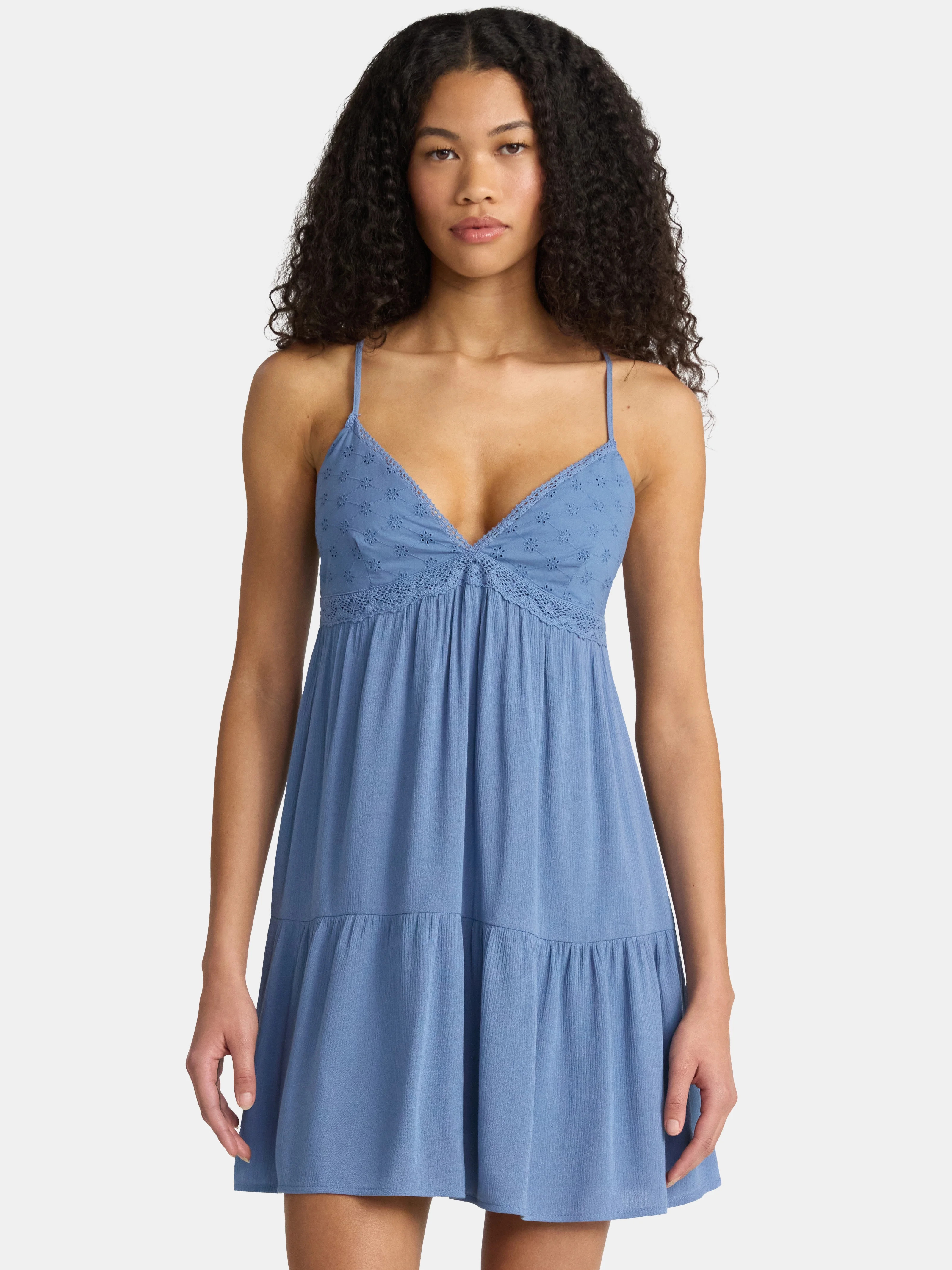 No Boundaries Woven Eyelet Mini Dress with Crochet Trim, Women's | Walmart (US)