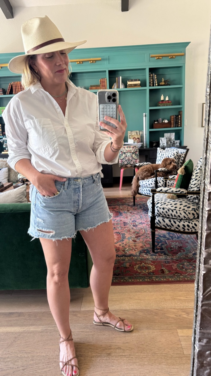 Summer uniform 🙌🏼

White button-down shirt, our favorite Agolde Jean shorts (not too short!) and these easy summer sandals. 

Shorts tts, unless you are narrow through the hips and thigh, then size down one. Shirt is older, linking similar. 🤗

#LTKSummerEdit #LTKStyleTip #LTKOver40