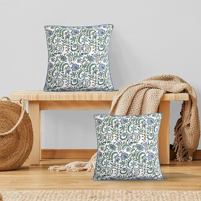 Ridhi Columbia Blue Block Print Cotton Throw Pillow Covers for Decorative Couch Pillows for Livin... | Amazon (US)