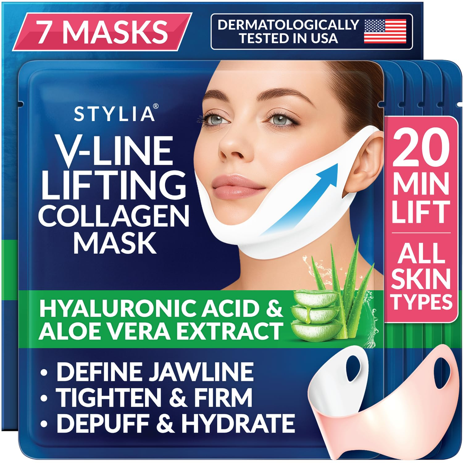 Stylia V Line Lifting Collagen Mask - Lift, Firm & Contour Jawline - Tightening Double Chin Strap with Hyaluronic Acid & Aloe - Neck Tightening and Lifting Mask - Jawline Shaper Face Lift Tape (7PC) | Amazon (US)