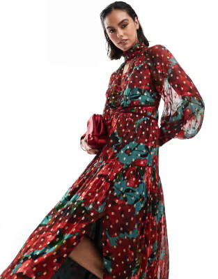 Hope & Ivy midaxi dress in metallic dobby mesh in red floral | ASOS (Global)