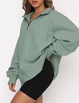 Women Half Zip Oversized Sweatshirts Long Sleeve Solid Color Drop Shoulder Fleece Workout Pullove... | Amazon (US)