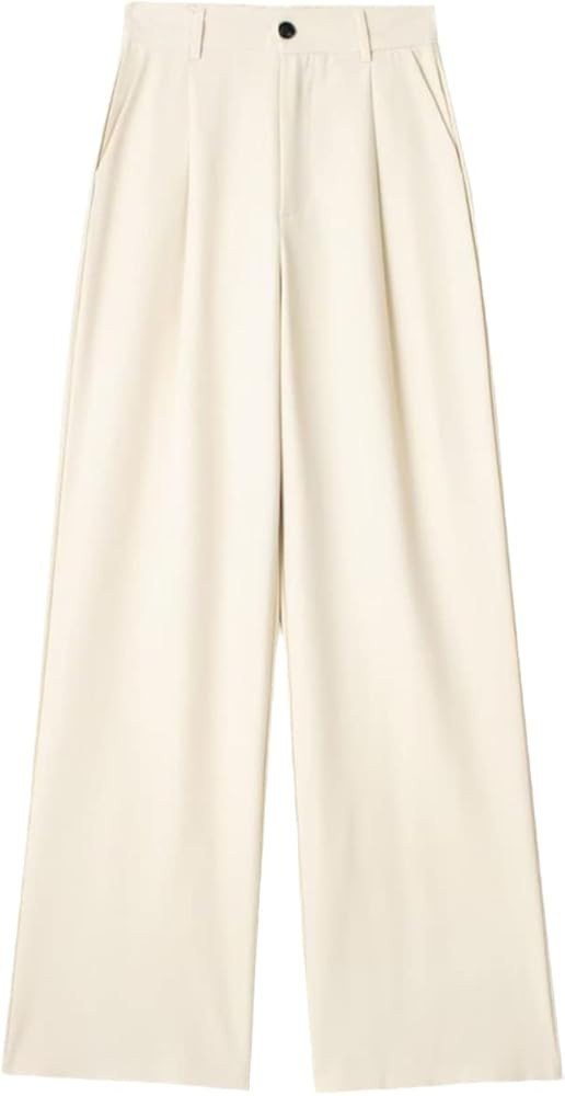 UIOKLMJH Women Summer Wide Pants with Folds Button Front High Waisted Office Suit Trousers | Amazon (US)