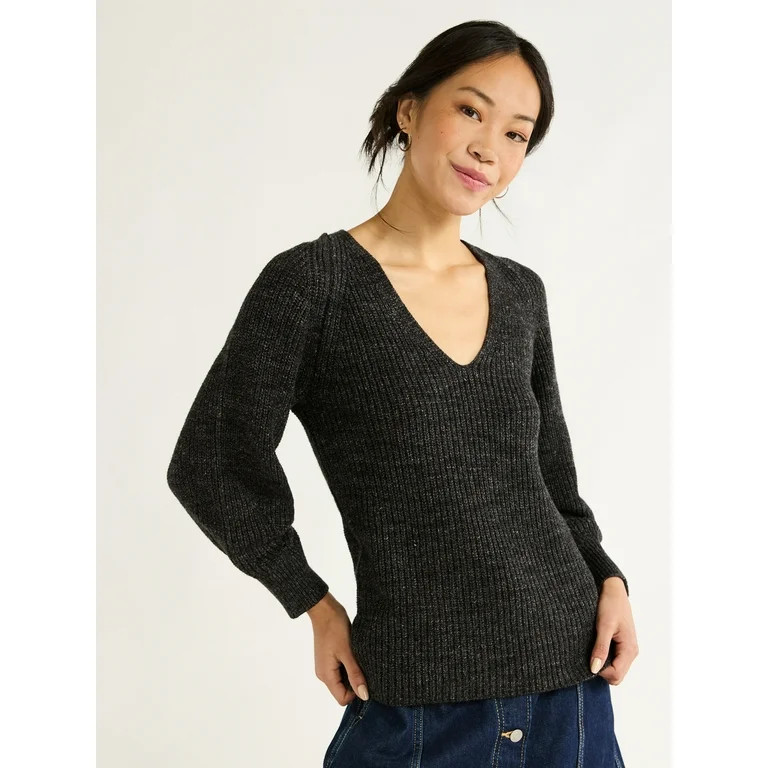Free Assembly Women's V-Neck Sweater with Long Puff Sleeves, Midweight, Sizes XS-XXL | Walmart (US)