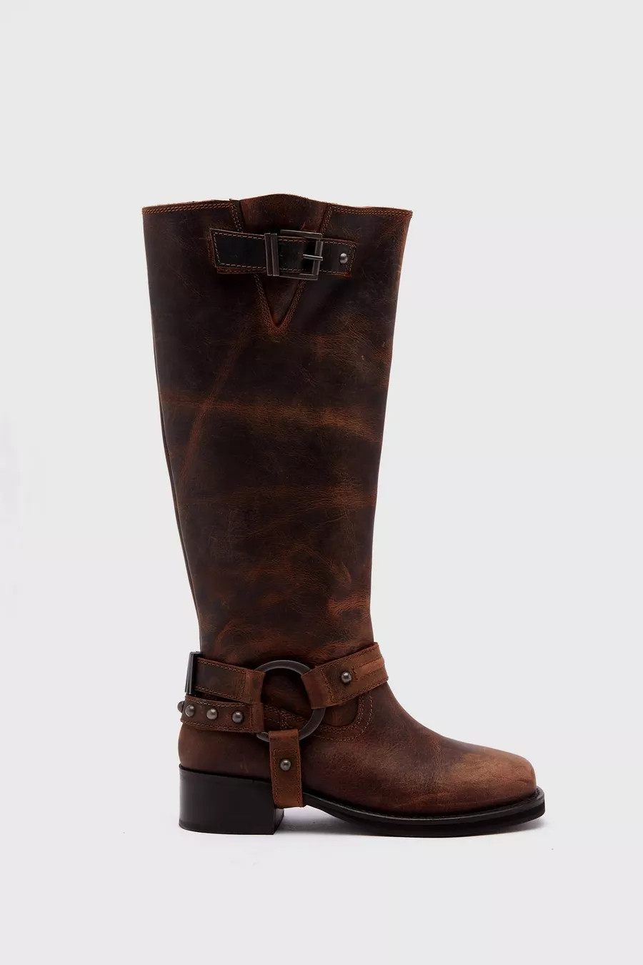 Tarnished Leather Buckle Harness Knee High Boots | Nasty Gal (US)