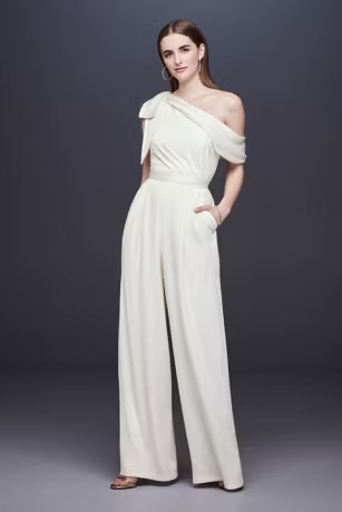 One-Shoulder Crepe Wedding Jumpsuit with Bow | Davids Bridal