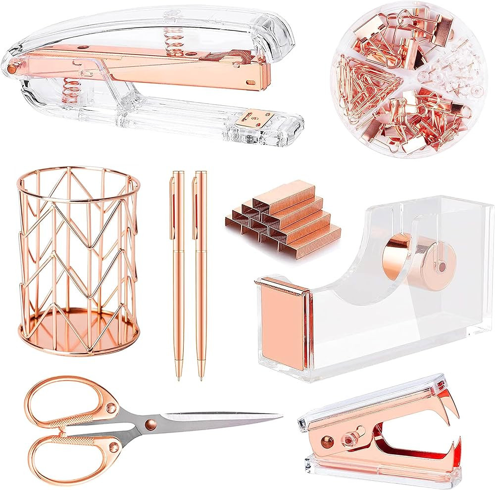 Famassi Rose Gold Desk Accessories，Office Supplies Set Acrylic Stapler Set Staple Remover, Tape... | Amazon (US)