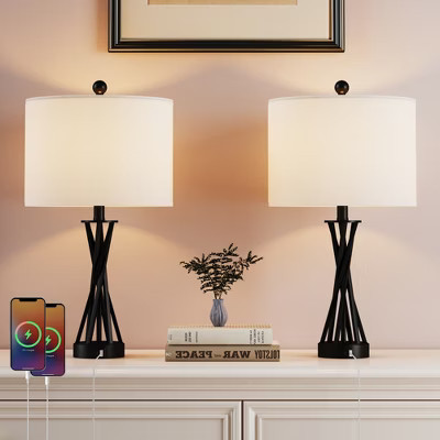 Maxax 3-Way Mid-Century Table Lamp Set of 2 with USB A+C Charging Ports, Modern Industrial Bedside Lamps for Living Room, Bedroom, Black | Target