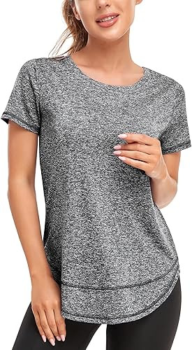 Women's Short Sleeve Workout Shirts Crewneck Sports Yoga Running Dry Fit Tops Side Split Tee | Amazon (US)