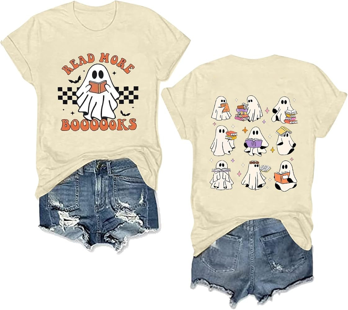 Halloween Ghost Reading Books Shirt for Women Cute Spooky Season Shirt Teacher Read More Books Pa... | Amazon (US)