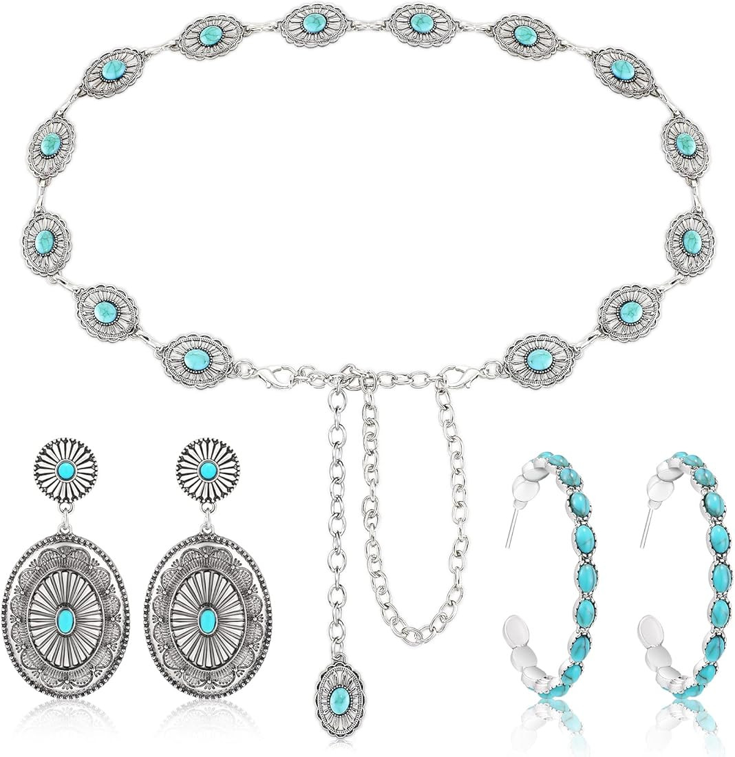 Newtay 3 Pieces Women Turquoise Chain Belt Concho Metal Waist Belts Silver Boho Turquoise Hoop Ea... | Amazon (US)