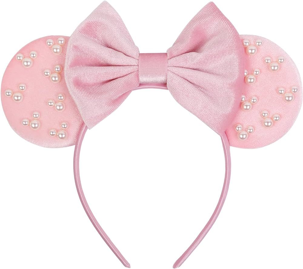 WOVOWOVO Mouse Ears Headbands for Women Girls Pink Bow Pearl Hairbands Velvet Headband Christmas ... | Amazon (US)