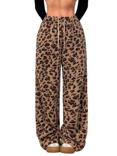 ZAFUL Women's Fuzzy Plush Pajama Pants Drawstring Elastic Waist Wide Leg Teddy Pj Bottoms Lounge Pants Leopard XL | Amazon (US)