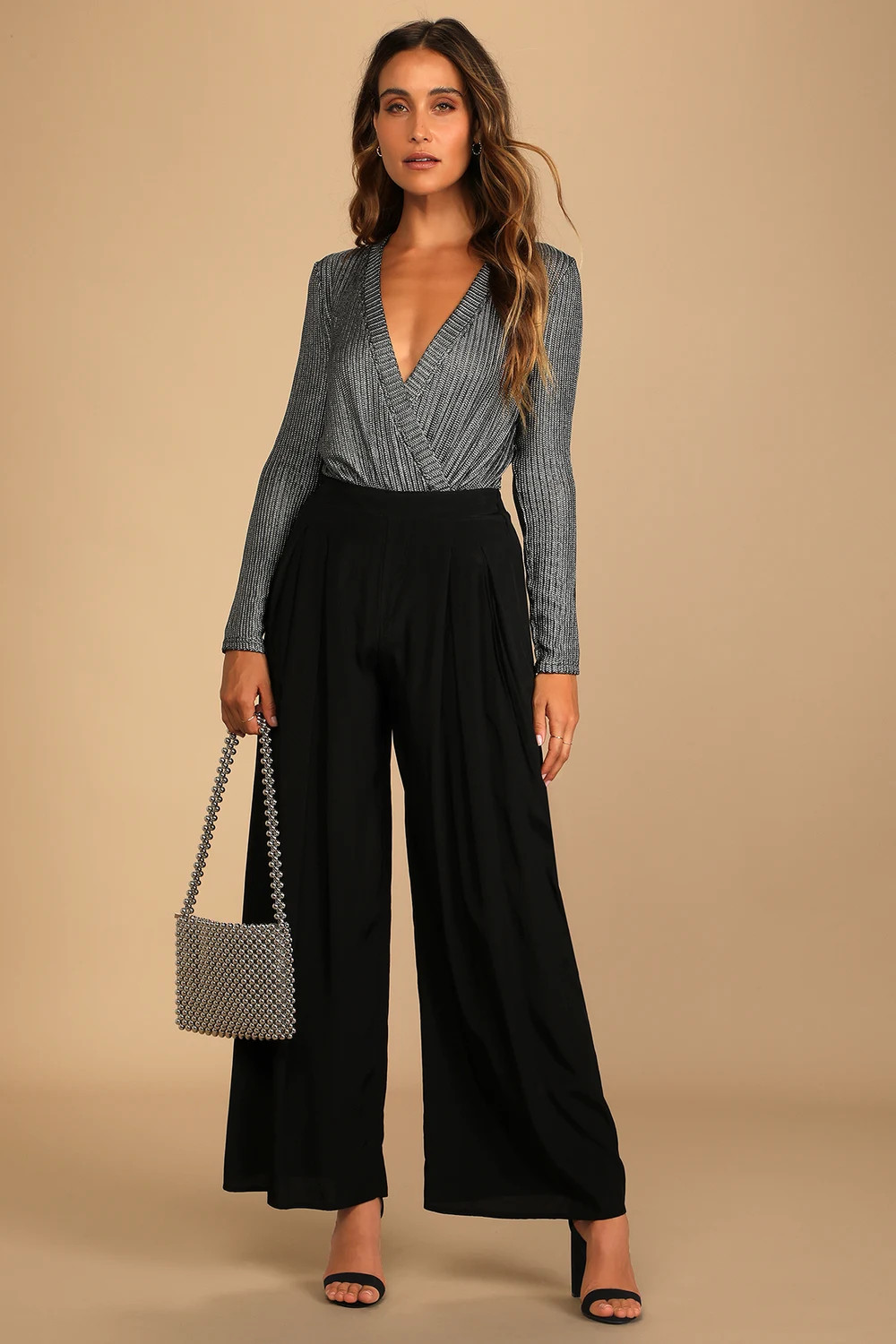 Do the Disco Silver Metallic Surplice Long Sleeve Bodysuit | Lulus (US)