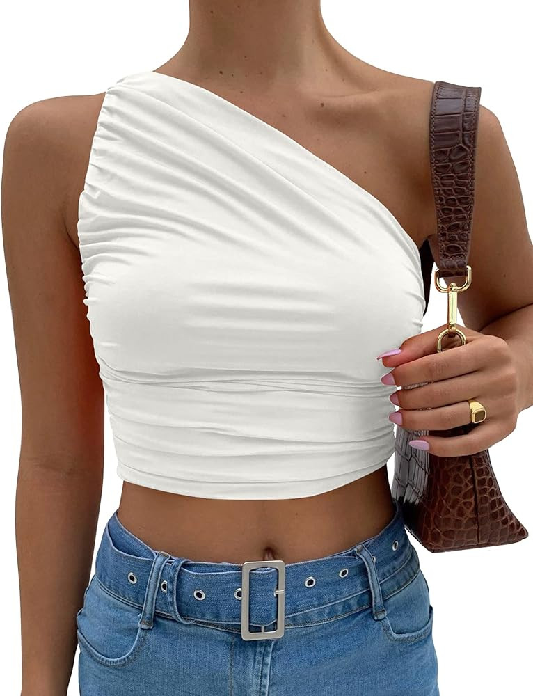 Mokoru Women's Sexy Ruched One Shoulder Crop Tops Sleeveless Tank Cami | Amazon (US)