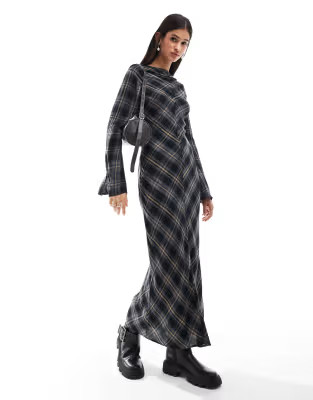 ASOS DESIGN long sleeve maxi dress with cowl neck in navy plaid | ASOS (Global)