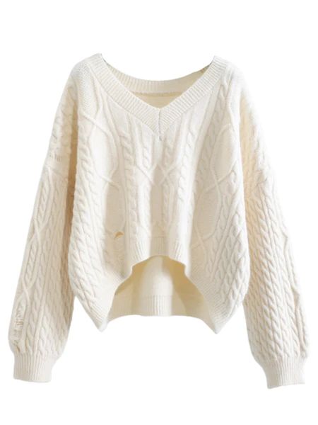 'Kelly' V-neck Cable Knit Distressed Sweater (5 Colors) | Goodnight Macaroon
