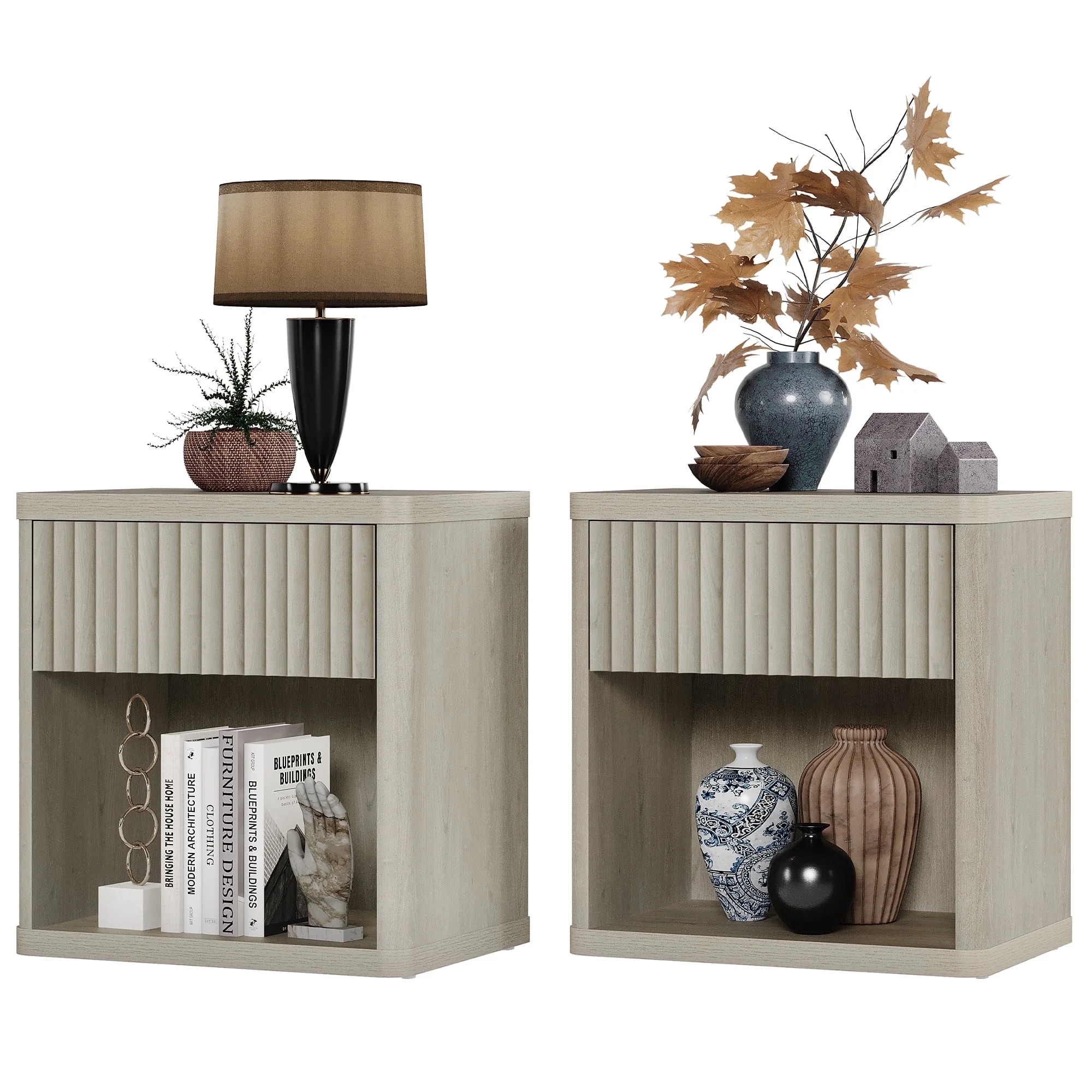 SICOTAS Fluted Nightstands for Bedroom Set of 2, Farmhouse Bedside Tables with Drawer & Open Shel... | Walmart (US)