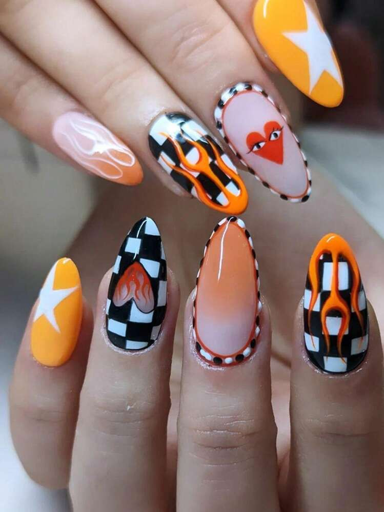 24 Almond-Shaped Imitation Rivets, Sweet And Refreshing Girl Multi-Color Flame Patterns, Heart-Shaped Grid Design, Heart-Shaped Eye Design With A Glossy Effect. Love-Shaped Nails, Valentine's Day Nails, Adhered With Jelly Glue, Accompanied By 1 Nail File. Suitable For Women's Daily Wear, Applicable For Shopping, Dating, Work Or Party Occasions. | SHEIN