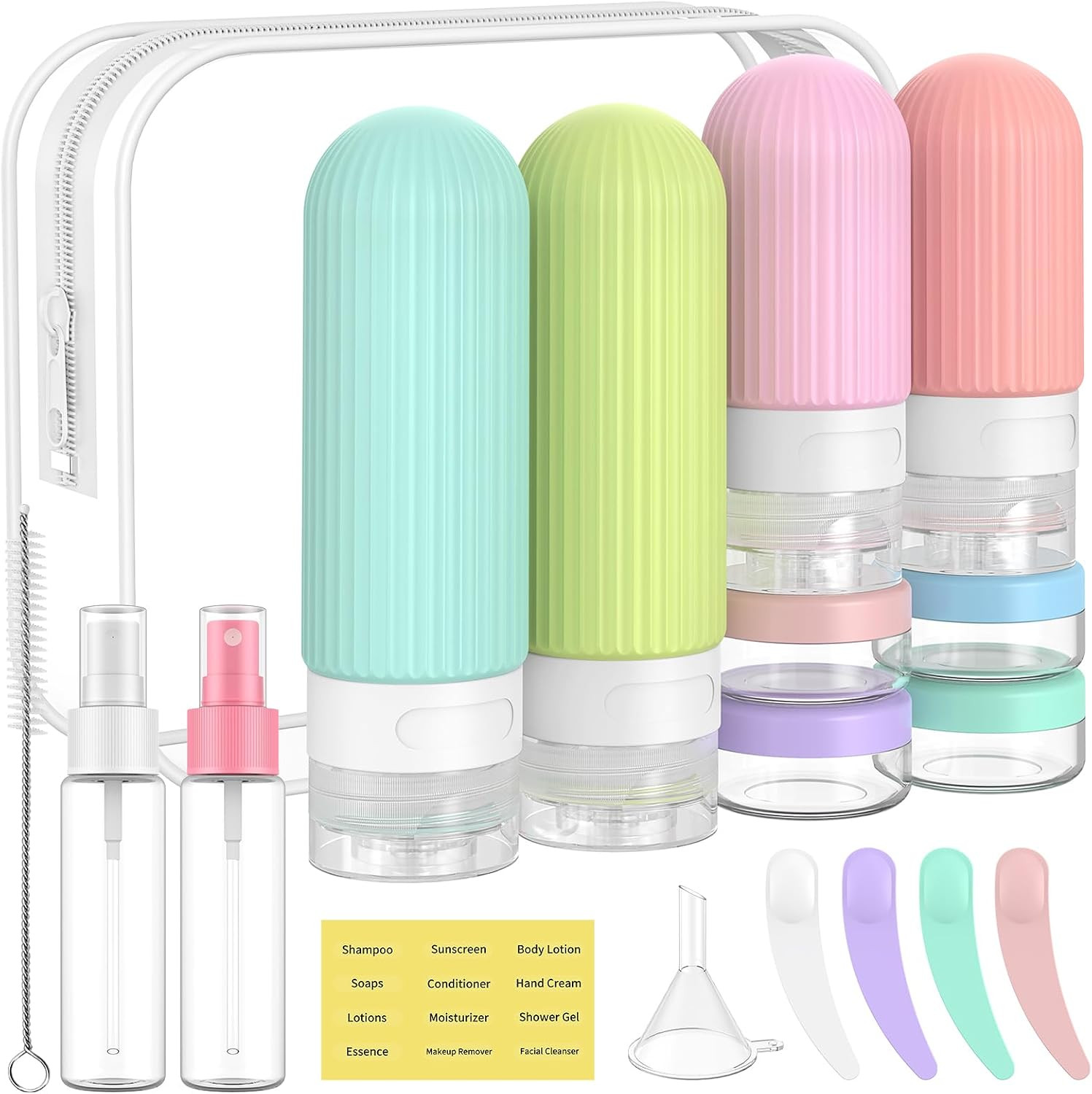 Travel Bottles for Toiletries,18 Pack Silicone Portable Size Bottle, TSA Approved Refillable Cosmetic Container Kits for Conditioner, Shampoo, Lotion,Face Cream - Bright | Amazon (US)