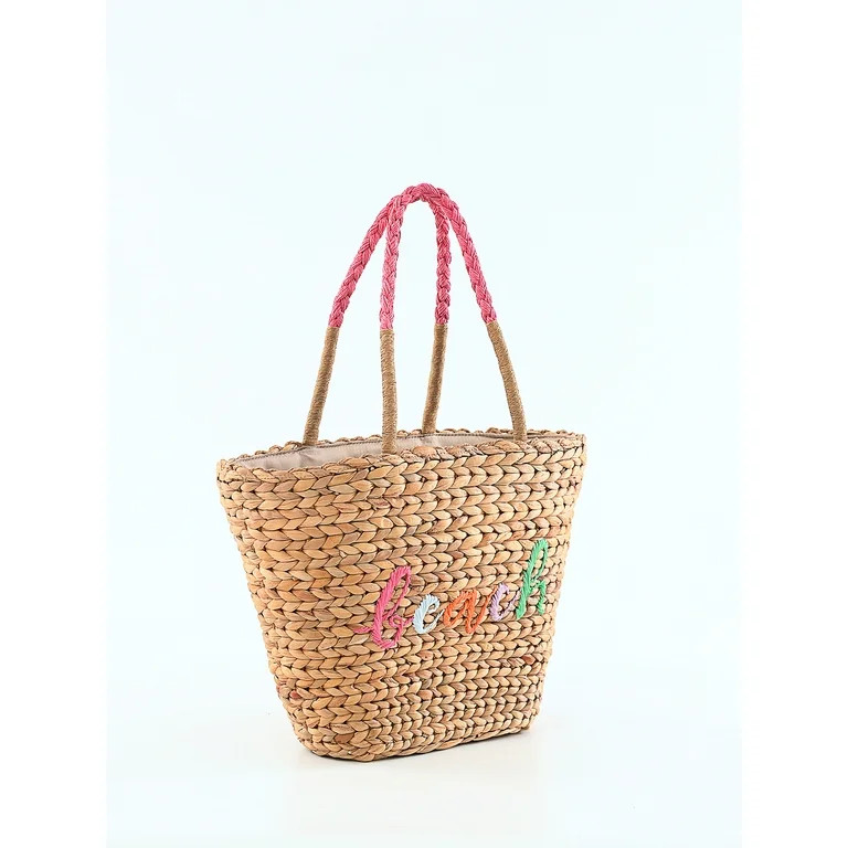 Time & Tru Women’s Straw Embroidered Beach Tote Bag | Walmart (US)
